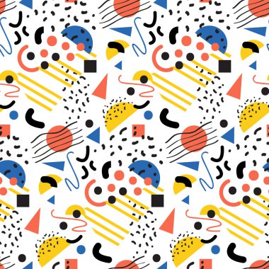 Retro 80'ler sorunsuz geometrik vintage desen stili, memphis. Kumaş tasarım, kağıt baskı ve Web sitesi fon için idealdir. Eps10 vektör dosyası.