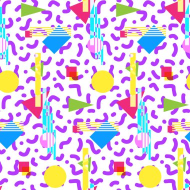 Retro 80'ler sorunsuz geometrik vintage desen stili, memphis. Kumaş tasarım, kağıt baskı ve Web sitesi fon için idealdir. Eps10 vektör dosyası.