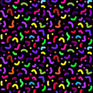 Retro memphis tarzında kusursuz soyut geometrik desen, moda 80-90 'lar. Yazıcıda, web sitesinde ve kumaş tasarımında kullanılabilir..