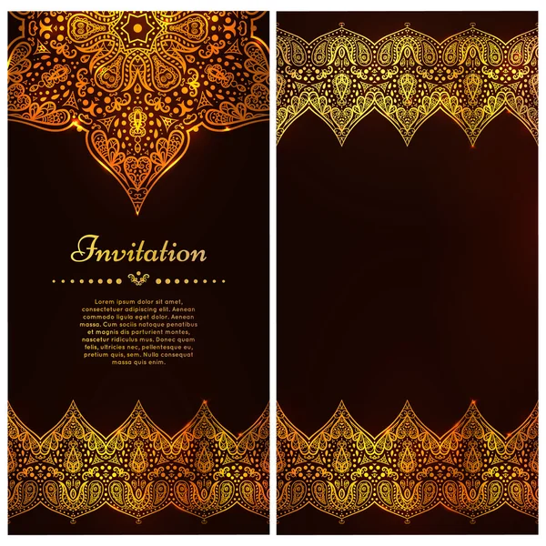 Ornate vector border and place for your chocolate design. Vintage ornate cards in oriental style. Golden Eastern floral decor. Template frame for greeting card and wedding invitation — Stock Vector