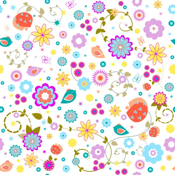 Seamless patterns of cartoon birds and flowers — Stock Vector