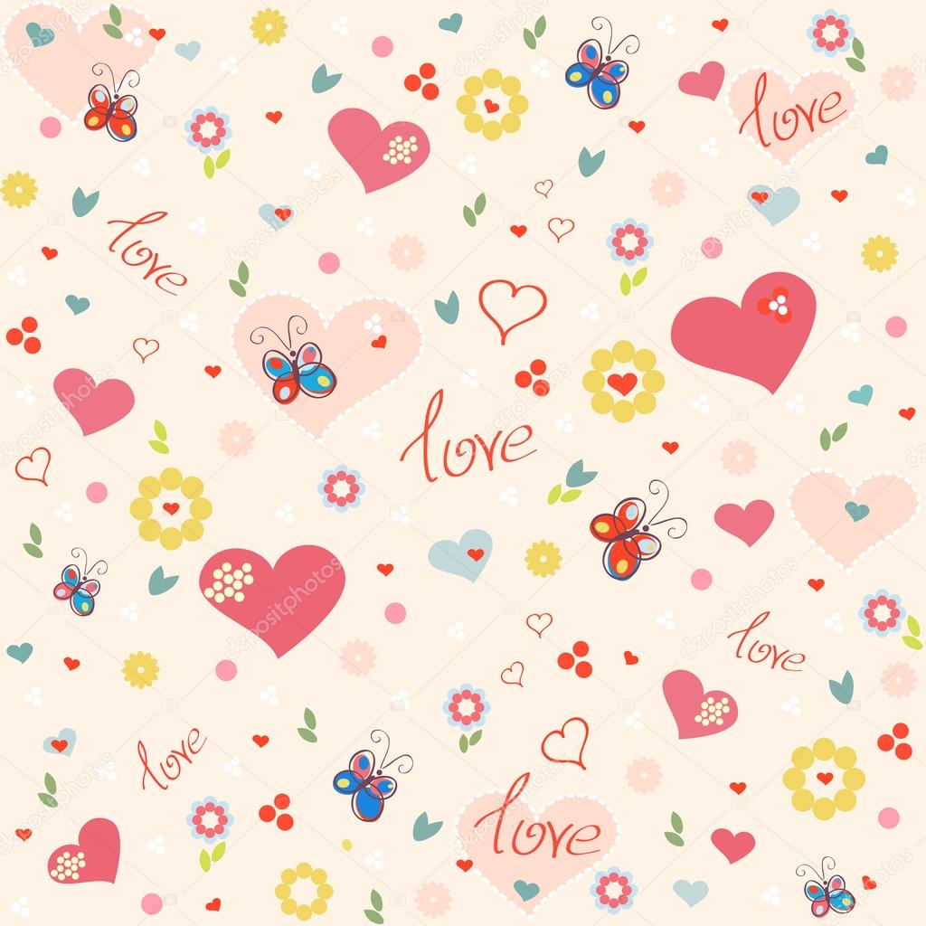 Vintage flower and hearts siamless pattern
