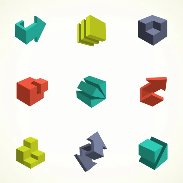 Set of 3d icons. Vector illustration with abstract arrows and cubes, low poly style. — Stock Vector