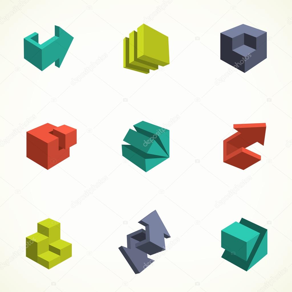 Set of 3d icons. Vector illustration of abstract arrows and cubes, low poly style. Design element for poster, flyer, cover, brochure. Polygonal geometric figures. Logo design