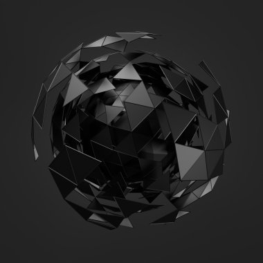Düşük Poli siyah küre kaotik yapısı ile soyut 3d render.