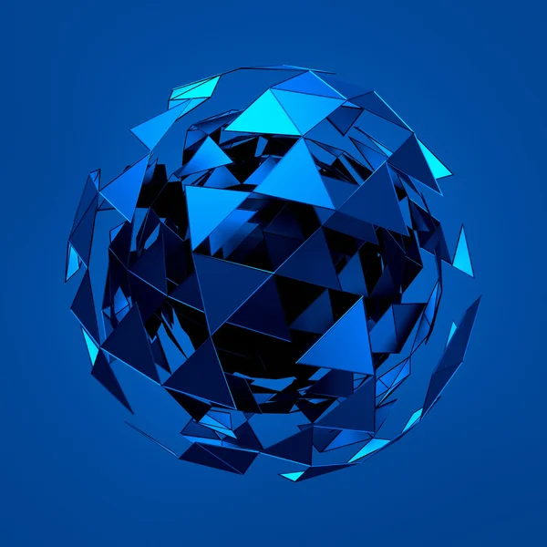 Düşük Poli mavi küre kaotik yapısı ile soyut 3d render.