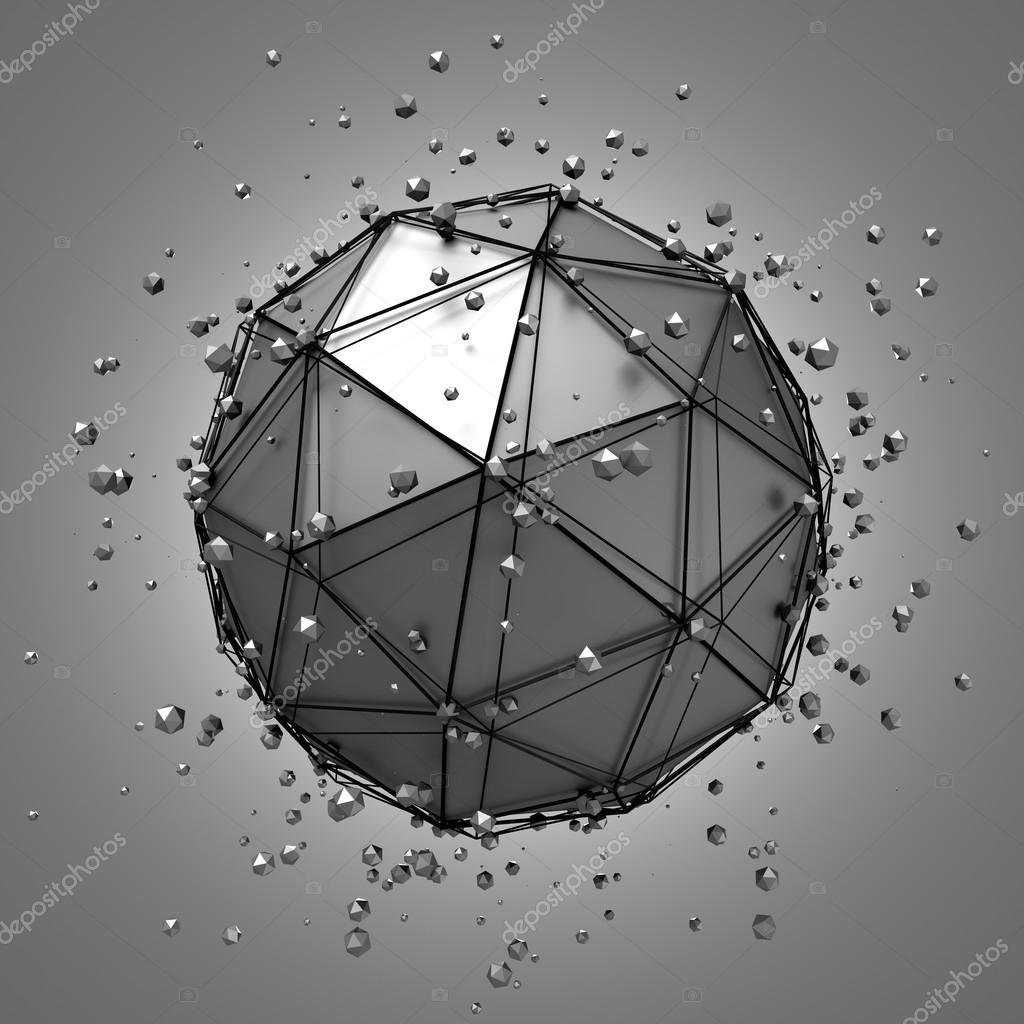 Abstract 3d rendering of low poly metal sphere with chaotic structure