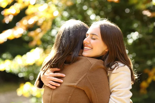 秋の公園でハッピーフレンドミーティングや抱擁晴れた日 — ストック写真