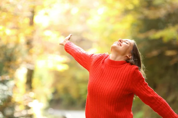 秋に森の中に立つ休暇を祝う赤い興奮した女性 — ストック写真