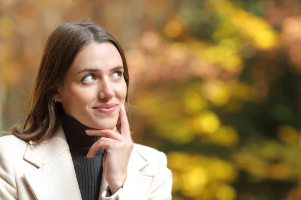 Portrait Satisfied Woman Looking Side Park Autumn Season — Stock Photo, Image