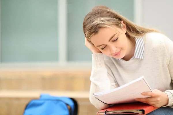 Concentrated Student Studying Memorizing Notes Sitting Campus — Stock Photo, Image