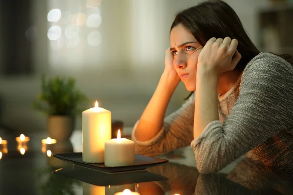 Angry Homeowner Using Candles Power Outage Night Home — Stock Photo, Image