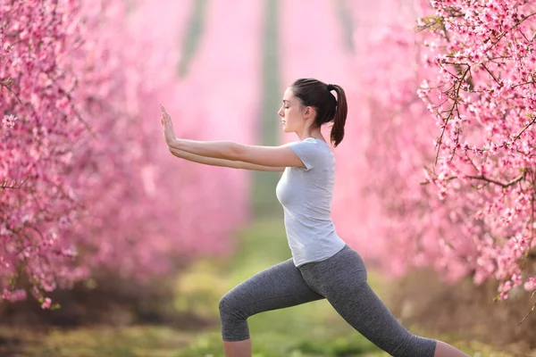 Pembe çiçekli bir tarlada Tai Chi egzersizi yapan bir kadının yan görünümü.