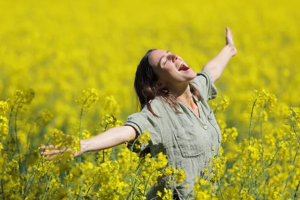 Mujer Emocionada Celebrando Vacaciones Extendiéndose Gritando Campo Flores Amarillas —  Fotos de Stock