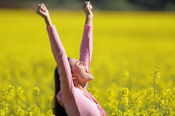 春天里一个兴奋的女人在一片黄色的田野里举起胳膊的侧视图画像 — 图库照片