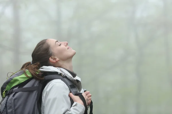 Side View Portrait Happy Trekker Breathing Fresh Air Foggy Forest — Stock Photo, Image