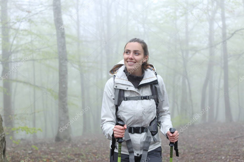 Front view portrait of a happy trekker walking in a foggy forest