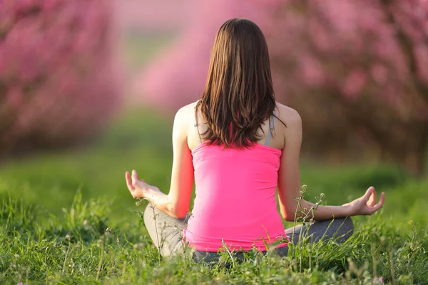 Back View Portrait Yogi Practicing Yoga Lotus Pose Grass Pink — Stock Photo, Image