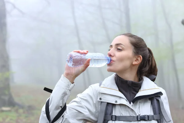 Feliz Excursionista Bebiendo Agua Botella Plástico Pie Bosque Nublado — Foto de Stock