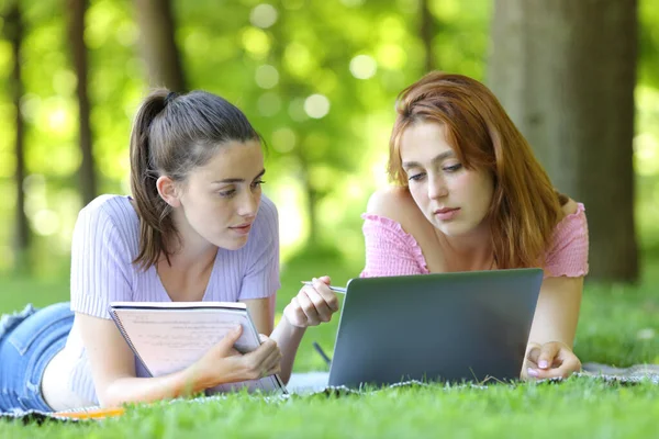 Dwóch Studentów Learning Porównujących Notatki Online Laptopem Parku Lub Kampusie — Zdjęcie stockowe