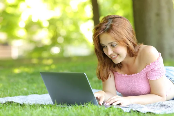 Mulher Feliz Usando Laptop Verificando Conteúdo Line Deitado Grama Parque — Fotografia de Stock