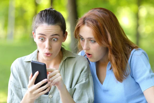 Twee Verwonderde Vrouwen Die Inhoud Van Mobiele Telefoons Controleren Een — Stockfoto