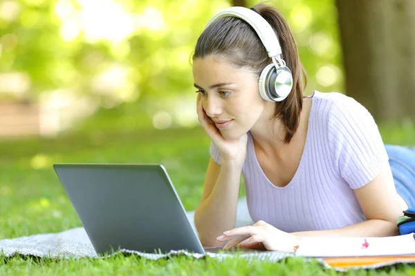 Glückliches Learning Mit Laptop Und Kopfhörer Gras Park — Stockfoto