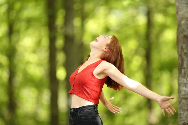 Perfil Una Mujer Excitada Estirando Los Brazos Gritando Fuerte Bosque —  Fotos de Stock