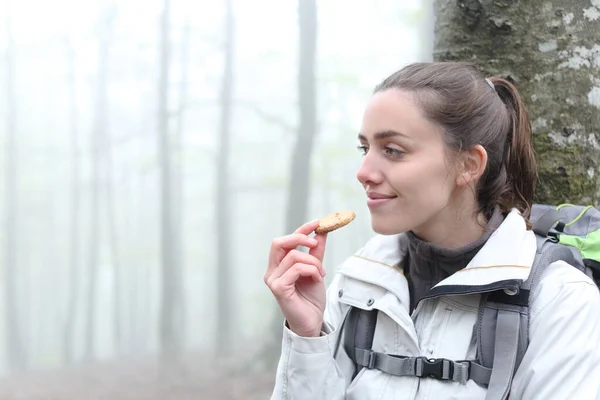 Zadowolony Trekker Odpoczywający Jedząc Ciasteczka Lesie — Zdjęcie stockowe