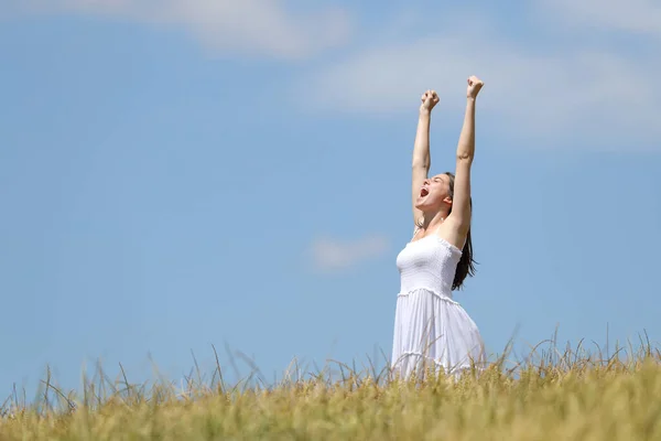 Excited woman celebrating summer vacation raising arms in a wheat field