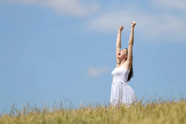 Mujer Emocionada Celebrando Vacaciones Verano Levantando Brazos Campo Trigo — Foto de Stock