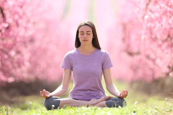 Portrait Une Femme Détendue Pratiquant Yoga Dans Beau Champ Rose — Photo