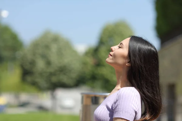 Perfil Uma Mulher Asiática Respirando Fresco Parque Dia Ensolarado — Fotografia de Stock