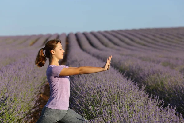 Profil Einer Frau Die Tai Chi Übungen Lavendelfeld Praktiziert — Stockfoto