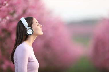 Meditasyon yapan güzel bir kadının yan görüş portresi. Bir tarlada kulaklıkla müzik dersi alan bir kadın.