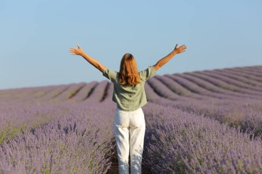 Lavanta tarlasında uzanan kollarını açarak tatilini kutlayan bir kadının tüm vücut portresi.