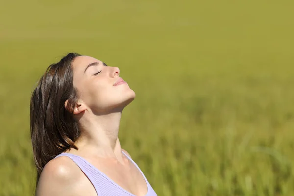 Профиль Женщины Дышащей Свежим Воздухом Пшеничном Поле Солнечный День — стоковое фото