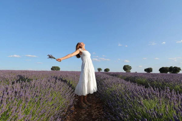 Ganzkörperporträt Einer Glücklichen Frau Mit Ausgestreckten Armen Und Blumenstrauß Lavendelfeld — Stockfoto