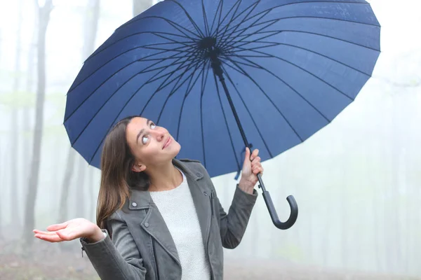 Gelukkig Vrouw Onder Unbrella Een Regenachtige Dag Kijken Boven Een — Stockfoto