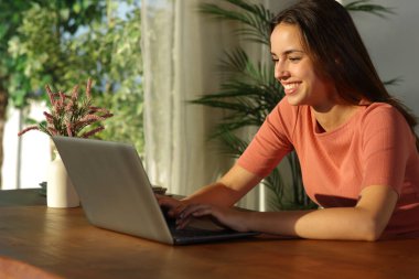 Mutlu kadın gün batımında evdeki ahşap masada kişisel bilgisayar kullanıyor.