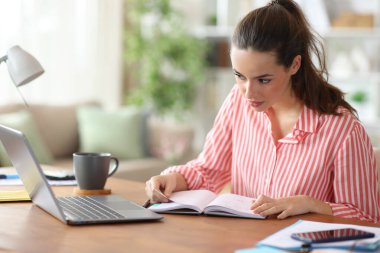 Ciddi bir serbest çalışan. Evdeki kağıt ve dizüstü bilgisayarları kontrol ediyor.