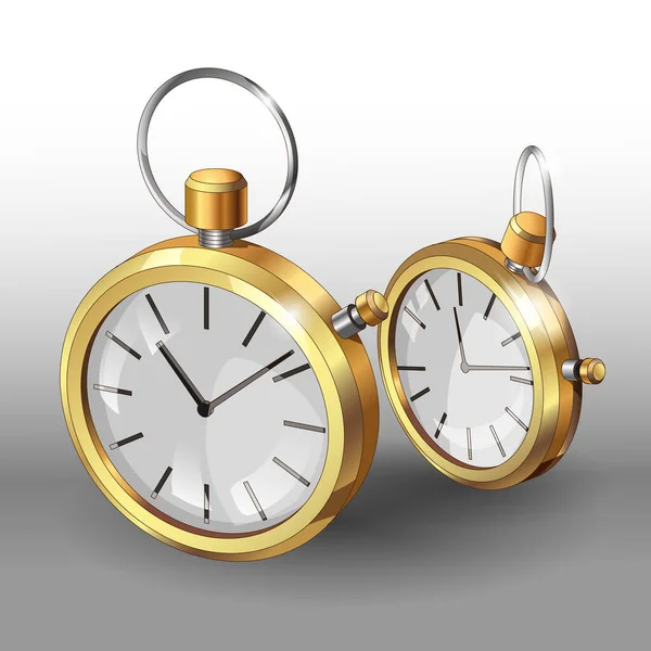 Modelos 3D realistas de relojes de bolsillo de oro. Dos clásicos relojes de bolsillo plantilla de diseño de póster. Ilustración vectorial — Archivo Imágenes Vectoriales