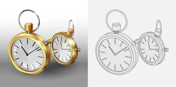 Realistas modelos 3d de relógios de bolso de ouro. Dois relógios de bolso clássico Poster Design Template. Desenho para colorir e relógios coloridos. Ilustração vetorial —  Vetores de Stock