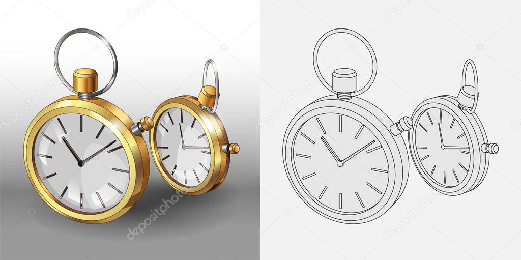 Realistic 3d models of gold pocket watches. Two classic pocket Watches Poster Design Template. Coloring page and colorful watches. Vector Illustration