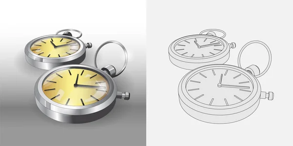 Realistas modelos 3d de relógios de bolso de prata. Dois relógios de bolso clássico Poster Design Template. Desenho para colorir e relógios coloridos. Ilustração vetorial —  Vetores de Stock