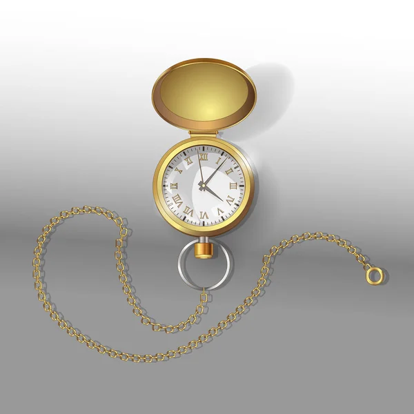 Modelos 3D realistas de reloj de bolsillo de oro con cadena. Golden classic pocket Relojes Plantilla de diseño de póster. Ilustración vectorial — Archivo Imágenes Vectoriales
