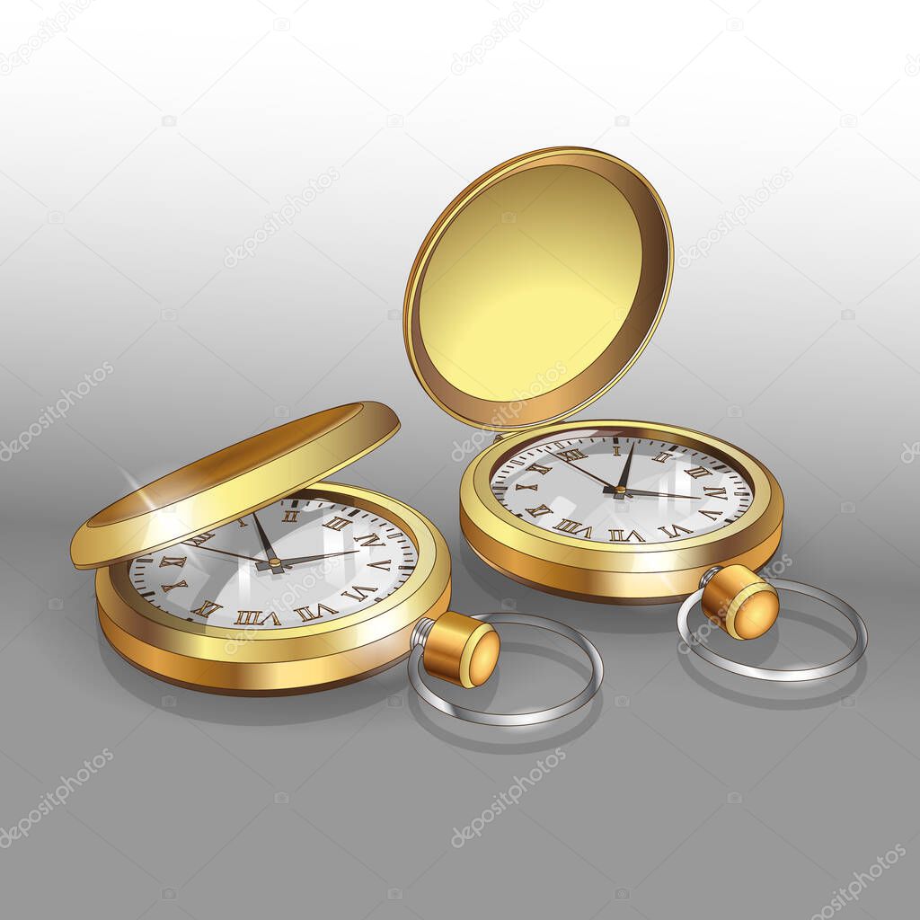 Realistic 3d models of gold pocket watches. Two classic pocket Watches Poster Design Template. Vector Illustration