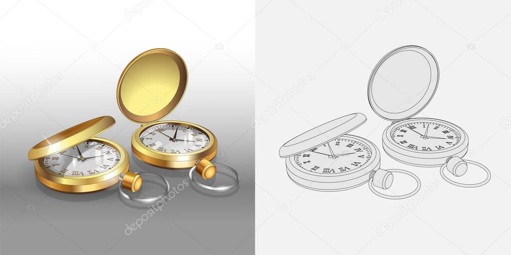 Realistic 3d models of gold pocket watches. Two classic pocket Watches Poster Design Template. Coloring page and colorful watches. Vector Illustration