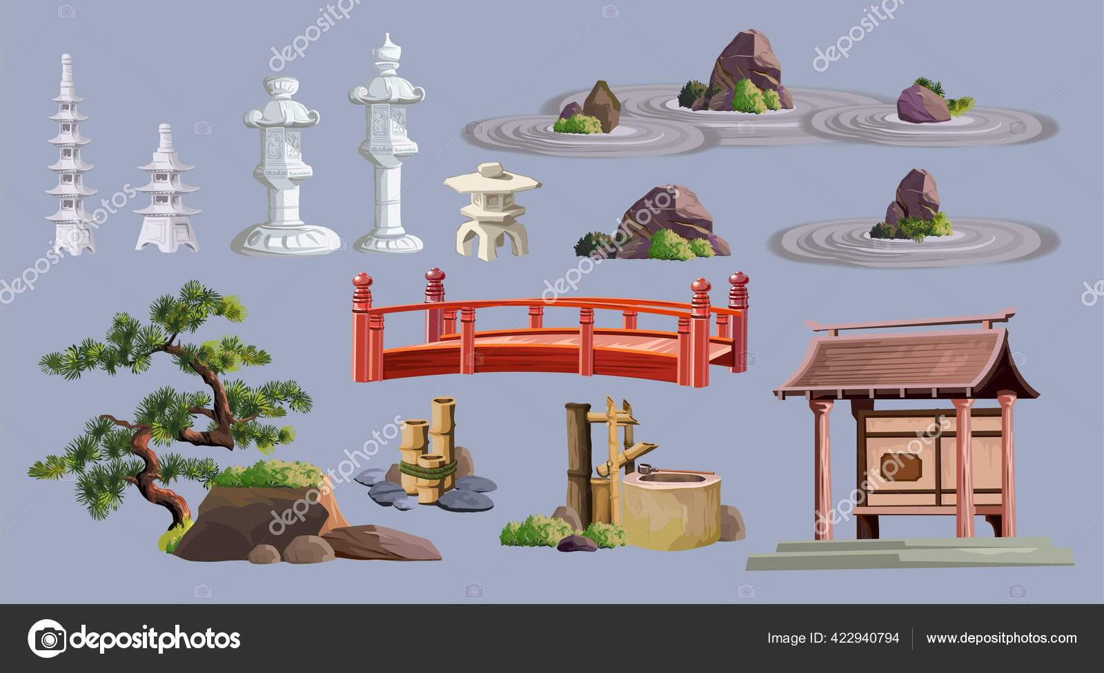 Lanterna de pedra japonesa sobre fundo branco decoração de jardim japonês  estilo cartoon