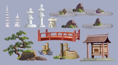 Ancient japan culture objects set with pagoda, temple, ikebana, bonsai, trees, stone, garden, japanese lantern, watering can isolated vector illustration. Japan vector set collection clipart